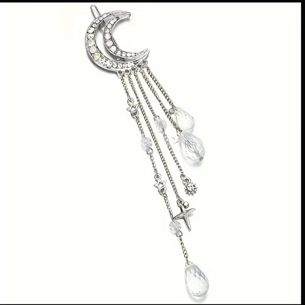 Crescent Moon Crystal Dangle Hair Clip - Silver - Picture 2 of 4